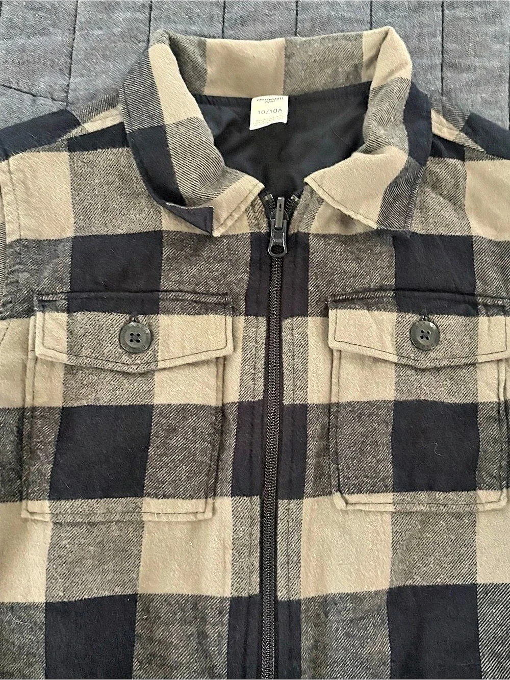OshKosh B'gosh Boys Blue/Grey Plaid Quilted Flannel Fall Zip Shirt Jacket; 10